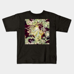 Woman with Daisy Among Flowers ,Wild Roses,Floral Swirls Art Nouveau Portrait Kids T-Shirt